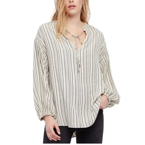 FREE PEOPLE Rhythm of the Night Striped Bishop Sleeve Crepe Tunic Top Size S - Picture 11 of 11